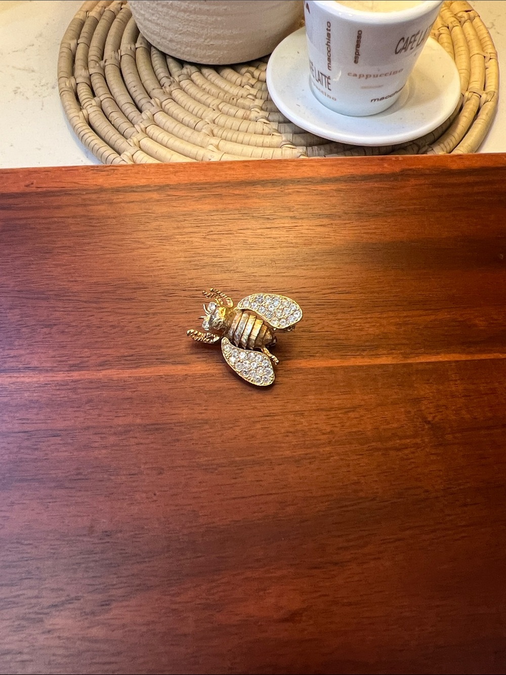Gold Tone Bee Brooch with Clear Rhinestone Wings